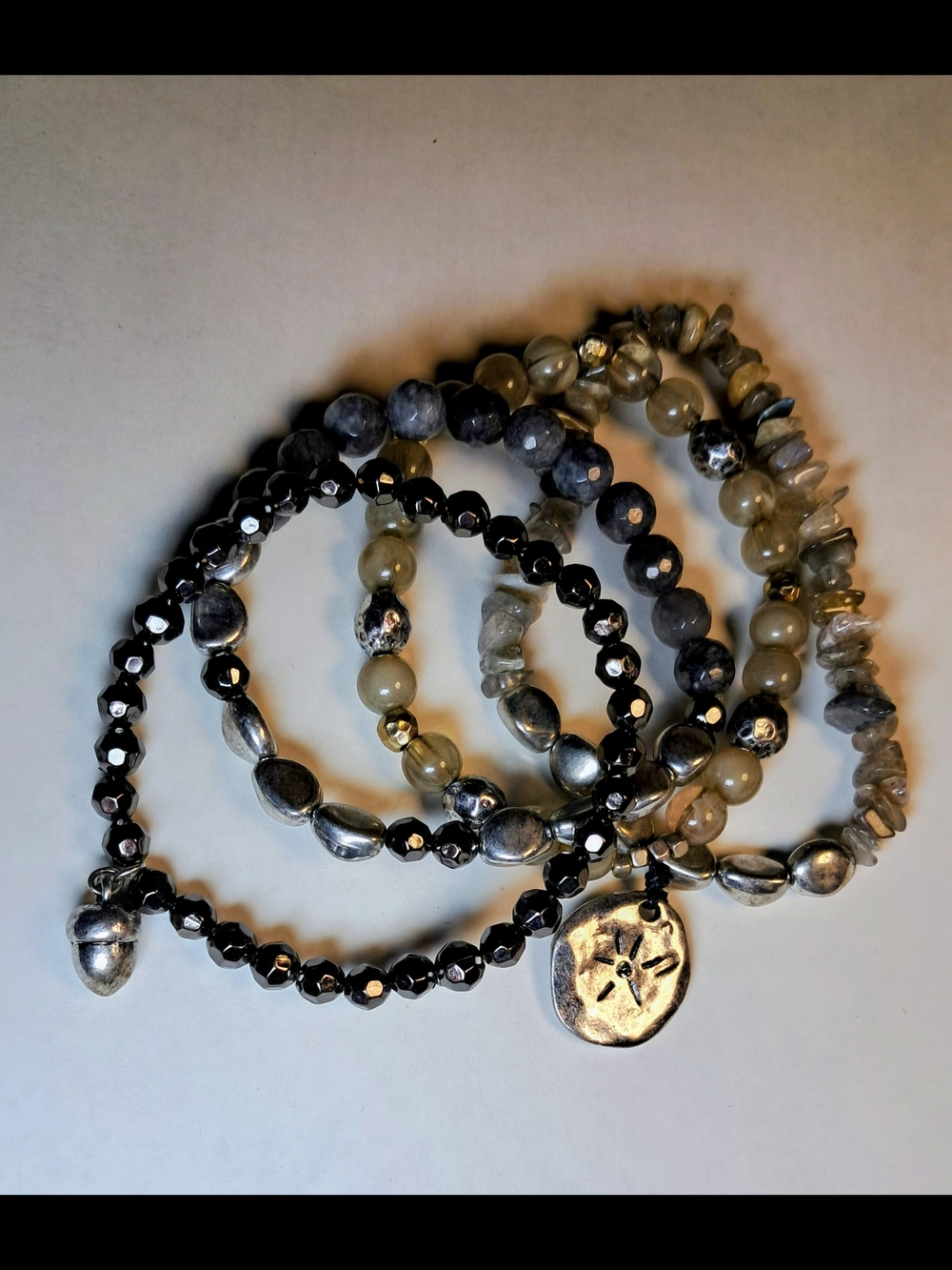 Artisan Stretchy Labradorite Natural Stone Bracelet Set Of 4 w/ Charms